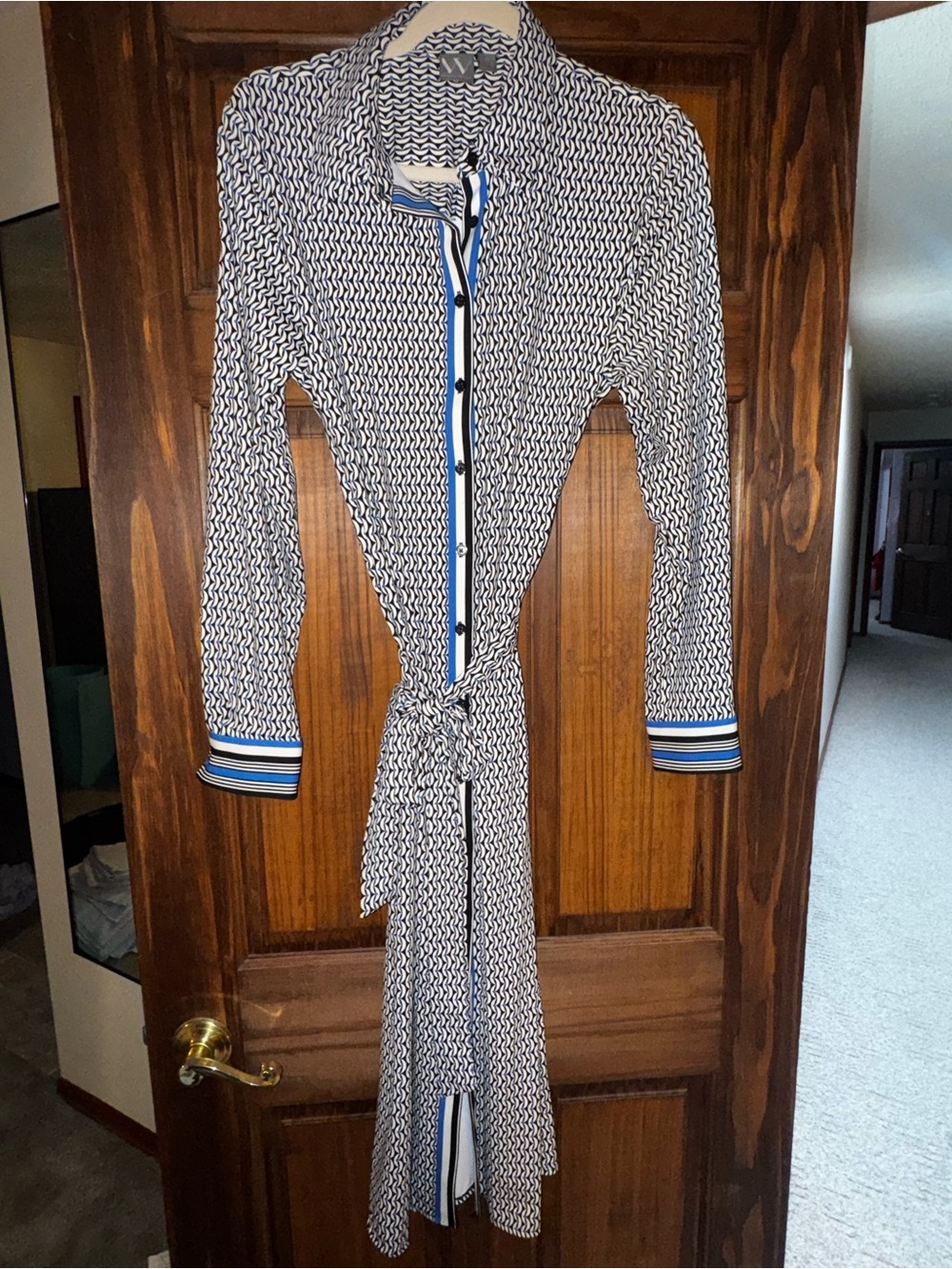 Worthington Navy and White Printed Button-Front Long Sleeve Dress with Belt
